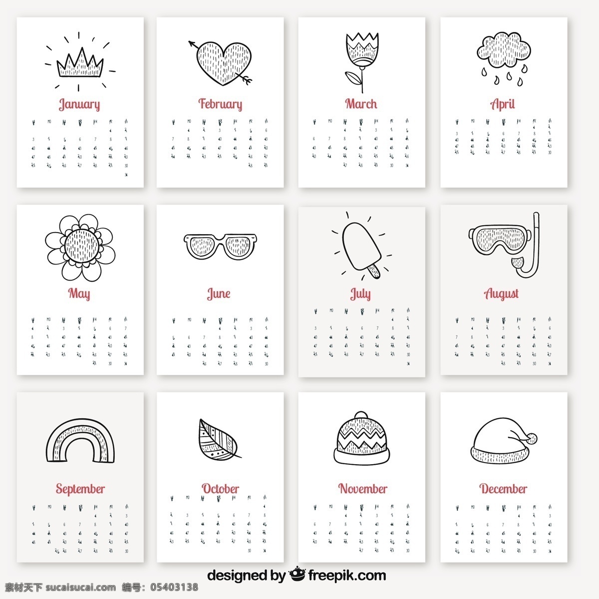 粗略 季节性 日历 手工 模板 手工绘制 时间 数字 图形 元素 计划 年份 日期 白色