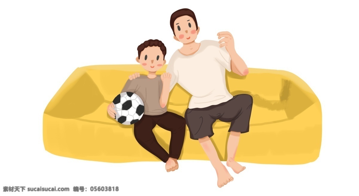 沙发 上 男人 男孩 足球 黄色 温情