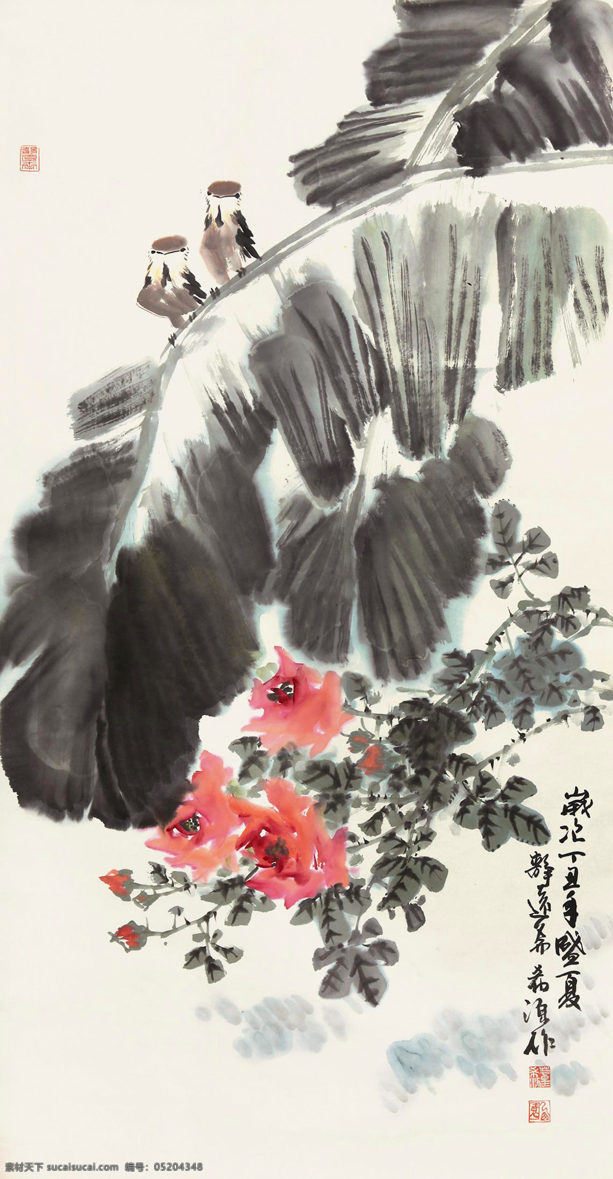 国画 董希源 春声 芭蕉麻雀 月季花 绘画书法 绘画艺术 国画花鸟02 文化艺术