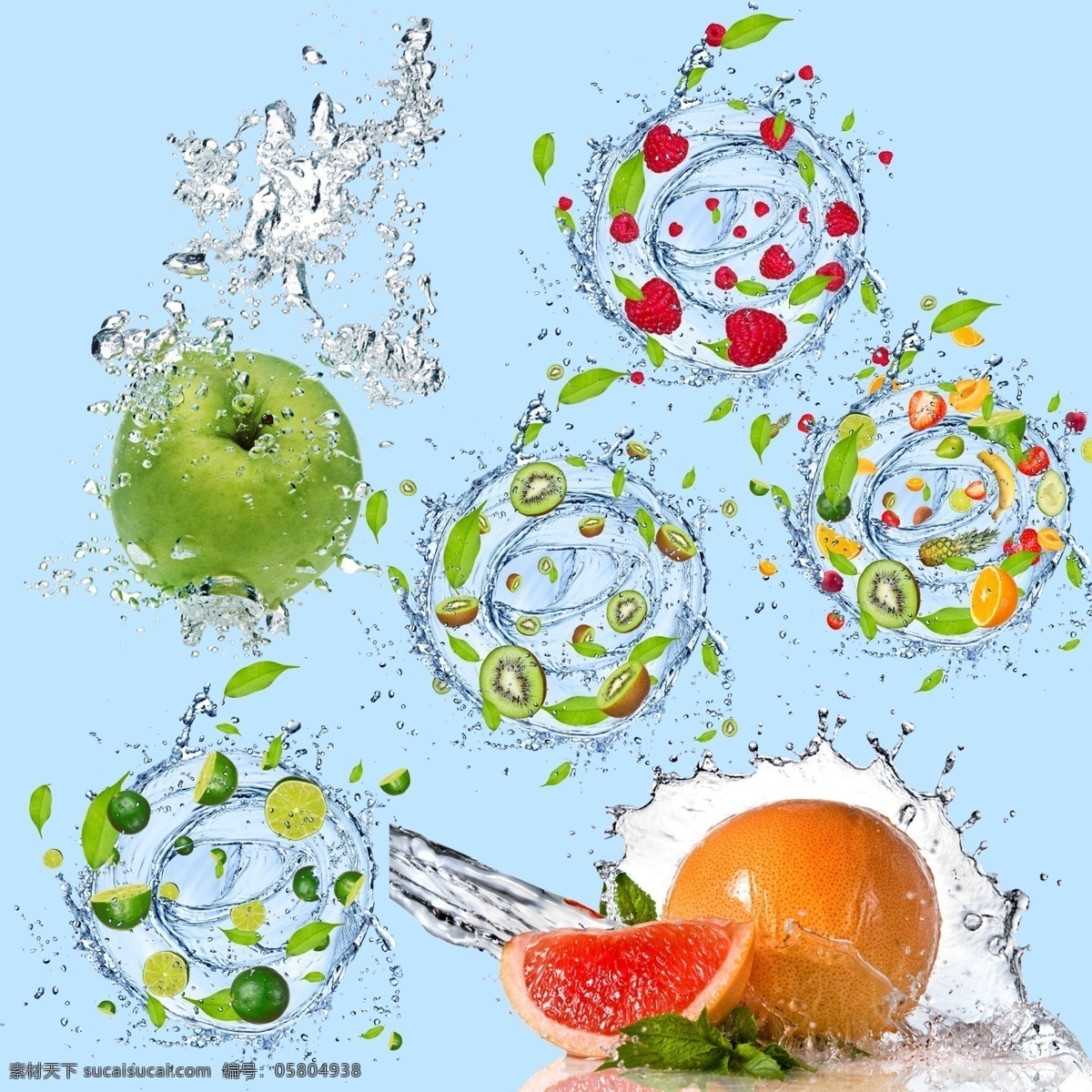 水中水果 水中的苹果 水中的草莓 水中柠檬 水中的西柚 水中的水果 夏季水果 凉爽 分层 源文件