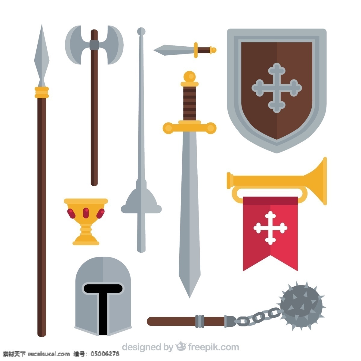 卡通 中世纪 武士 元素 武士的元素 武士素材 武士兵器 头盔 刀剑 盾牌 矢量图 矢量素材