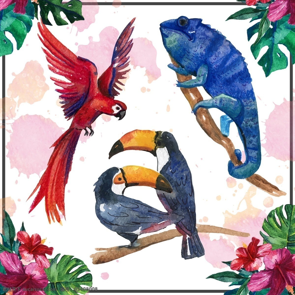 款 水彩 绘 热带 动物 矢量 鸟 扶桑花 树干 鹦鹉 犀鸟 变色龙 文化艺术 绘画书法