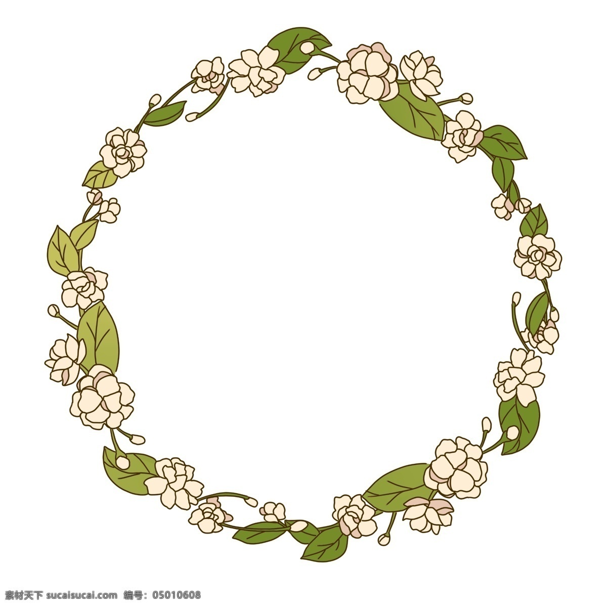 茉莉 花环 边框 插画 植物花环 绿色的叶子 白色的小花 漂亮的花环 花环装饰 花环插画 花环边框