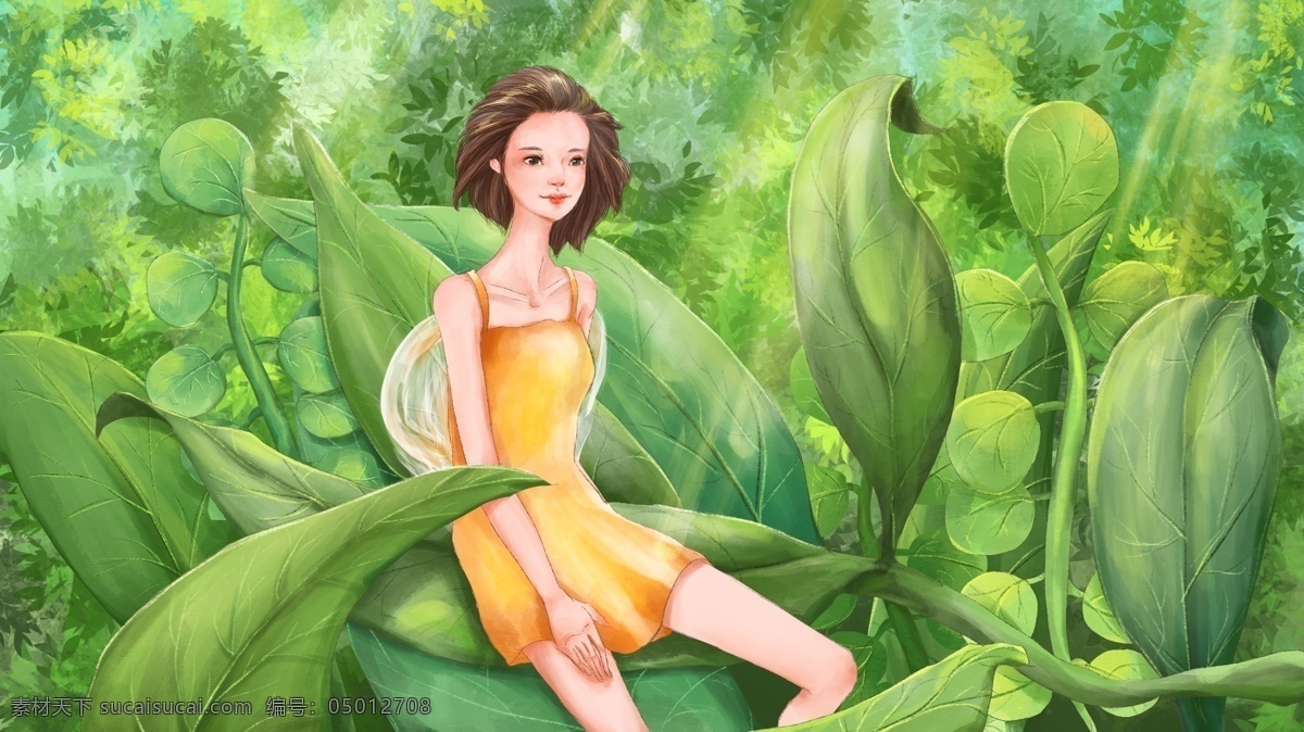 夏季 人物 女性 清新 树叶 背景 插画 类 分层