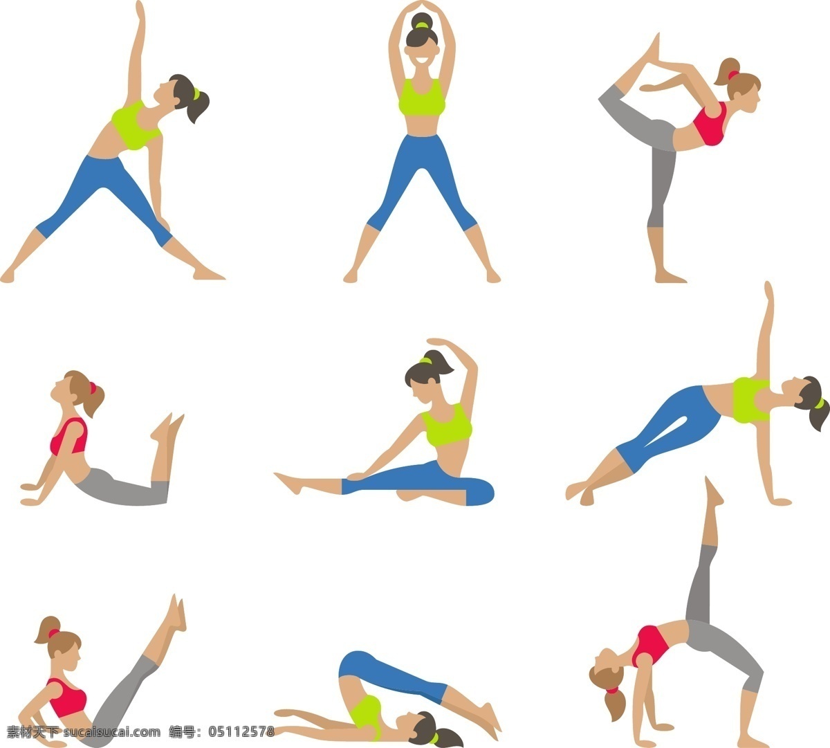瑜伽 女性 动作 健身的女孩 卡通美女 瑜伽教程 瑜伽动作 矢量 高清图片