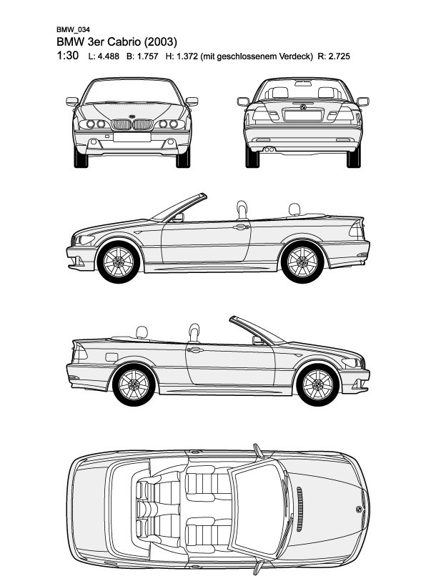 宝马3系 bmw 3er cabrio 2003 汽车 线 稿 宝马 3系 汽车线稿 线稿 平面图 五视图 三视图 前视图 后视图 左视图 右视图 顶视图 平面 视图 交通工具 现代科技 矢量 宝马系列