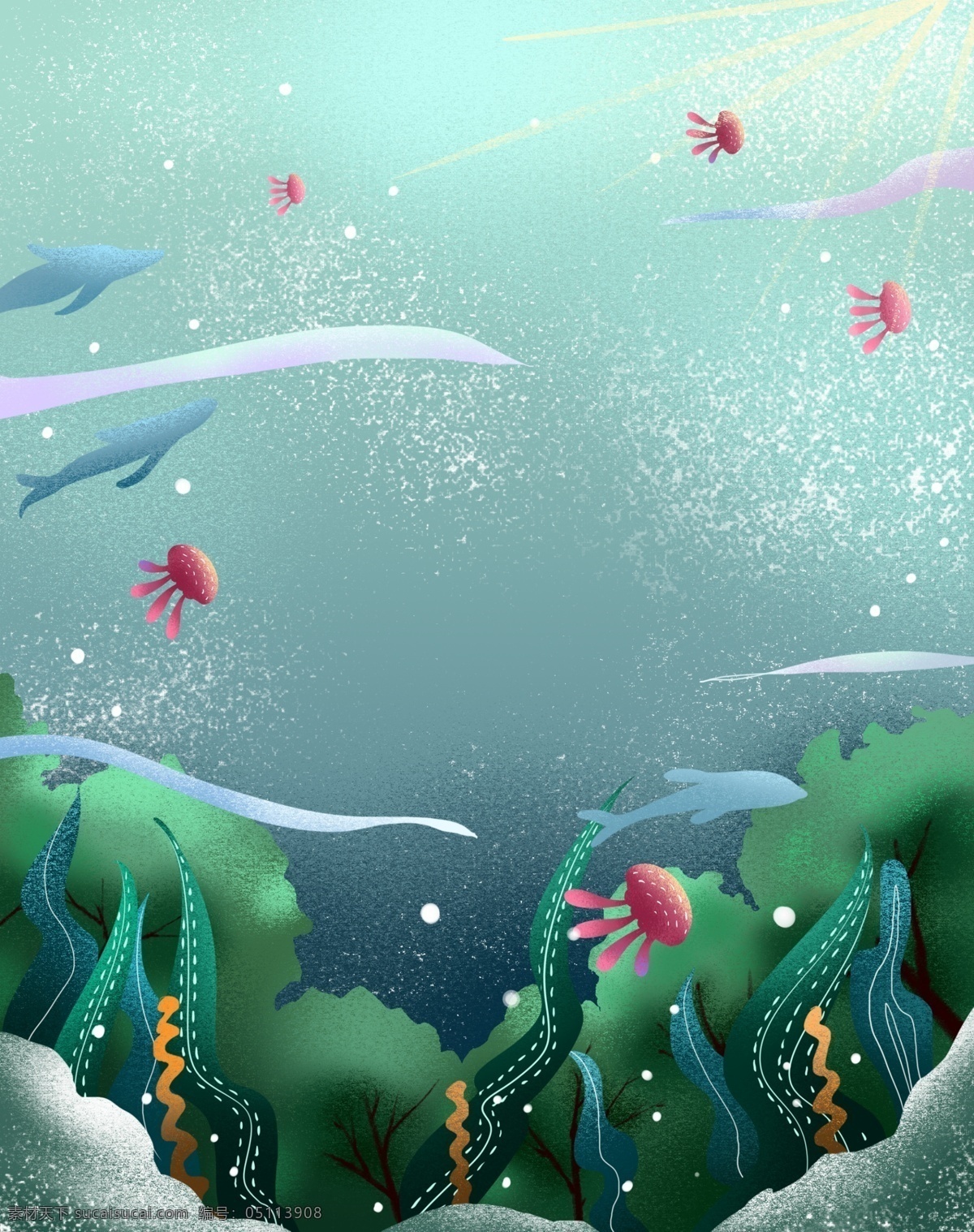 手绘 海洋 植物 水母 背景 海底世界 海草 大海 鲸鱼 彩绘背景 背景展板 特邀背景 促销背景