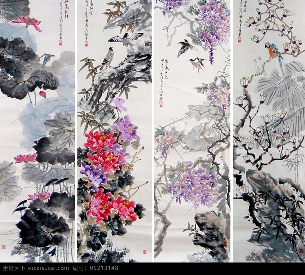 花鸟四屏 花鸟画 中国画 国画 艺术品 鸟 燕子 鸽子 荷花 紫藤 牡丹 玉兰 摄影图库 飞鸟 花 文化艺术 美术绘画 绘画书法 设计图库