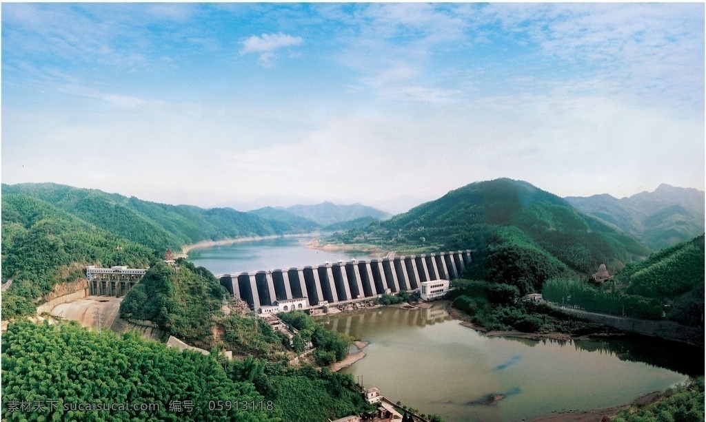 水库 美景 非 高清 新中国第一座 双曲连拱坝 亚洲第一 佛子岭水库 山峦 绿山 水面 蓝天 白云 风景名胜 自然景观