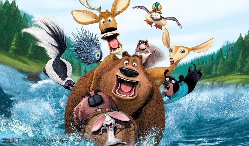 一群动物戏水 动物 水 可爱 阿狸 森林 3d设计 3d作品
