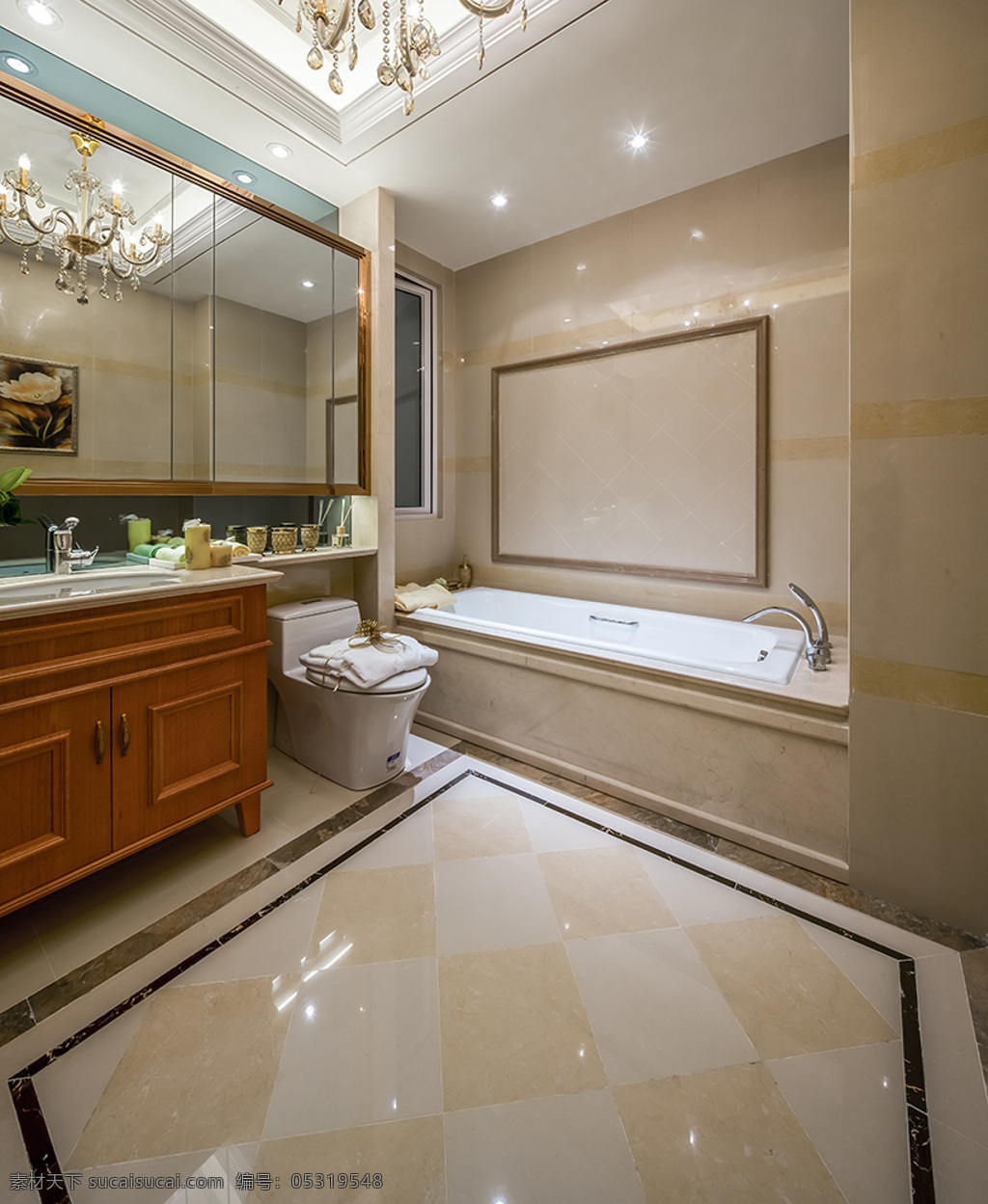 美式 卫生间 浴缸 装修 效果图 白色射灯 窗户 方块地板砖 方形吊顶 个性吊灯 镜子