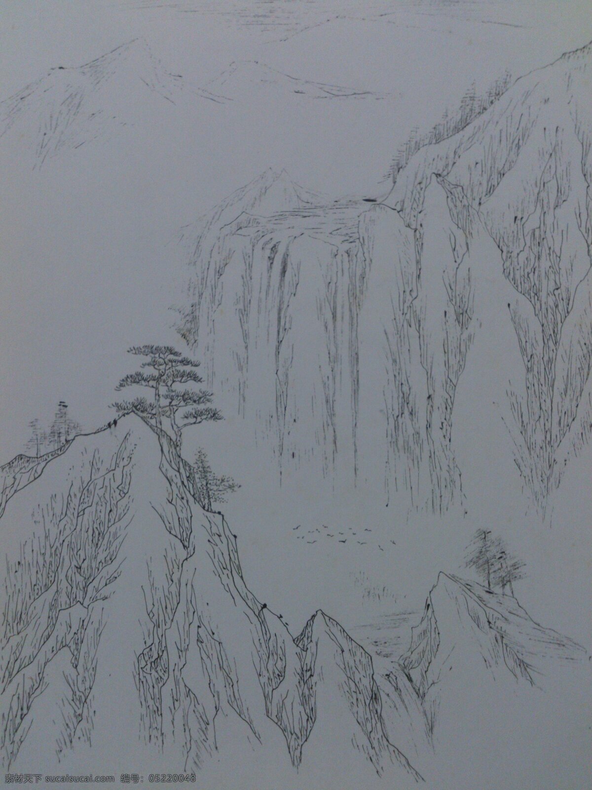 飞瀑 线描 钢笔画 风景 山水画 绘画 文化艺术 绘画书法
