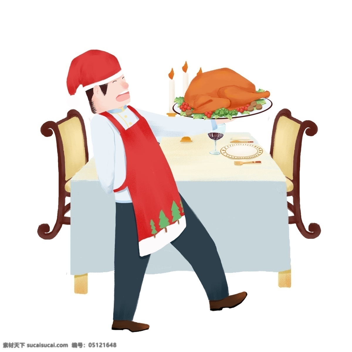 手绘 圣诞 晚宴 火鸡 插画 美味的火鸡 诱人的火鸡 红色的帽子 红色的围裙 手绘火鸡插画 卡通插画