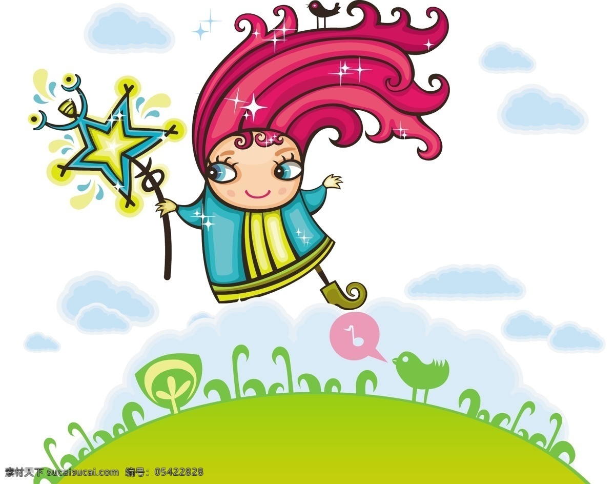 可爱 儿童 草地 插画 风景 卡通背景 可爱儿童 绿色 小鸟 星星 云朵 源文件 移门图案 矢量 家居装饰素材