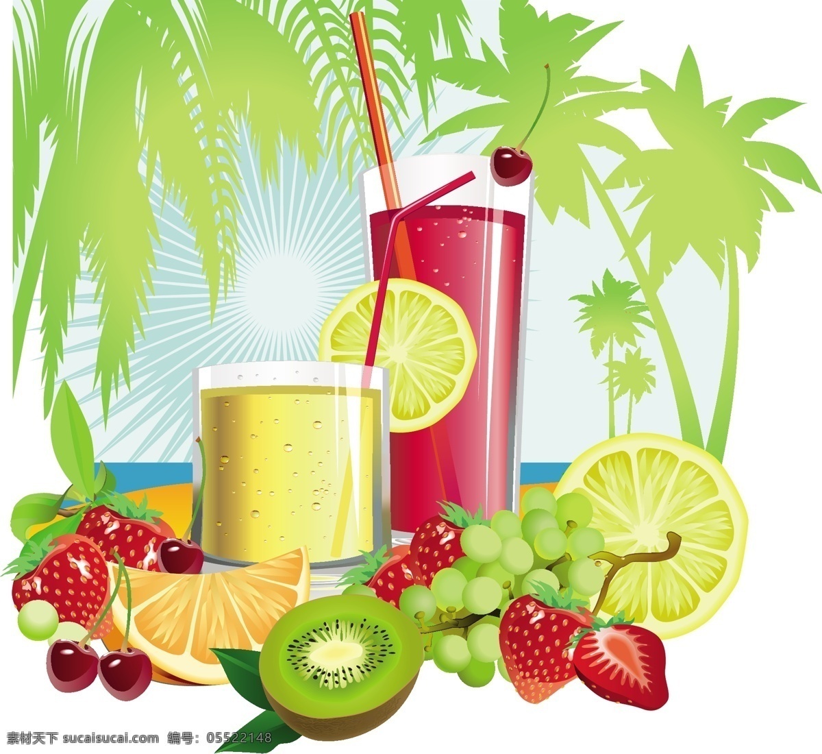 矢量 夏季 热带 饮料 卡通 可爱 矢量素材 水果 椰子树 海报 其他海报设计