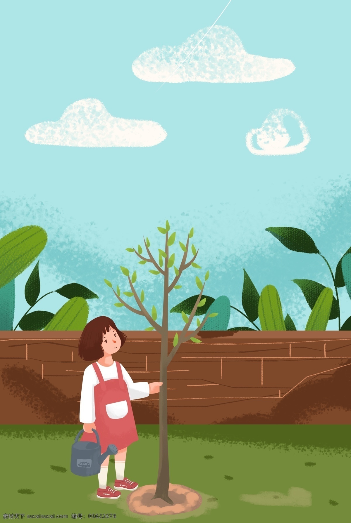 三月 植树节 女孩 公益 插画 海报 种树 出行 草地 植物 插画风 促销海报