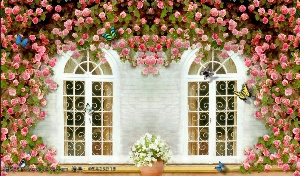 玫瑰花 家和富贵 花园背景墙 欧式壁画 家和万事兴