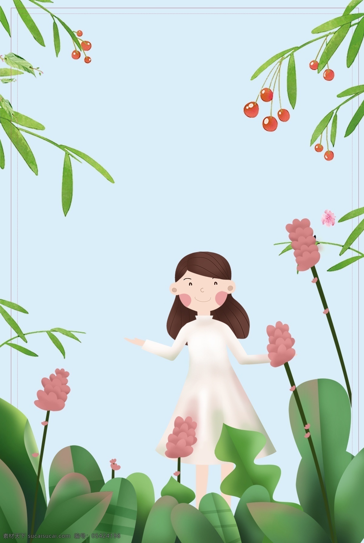 清新 八月 你好 绿色 树叶 广告 背景 简约 文艺 边框 女孩 枝叶 花朵 底纹 纹理