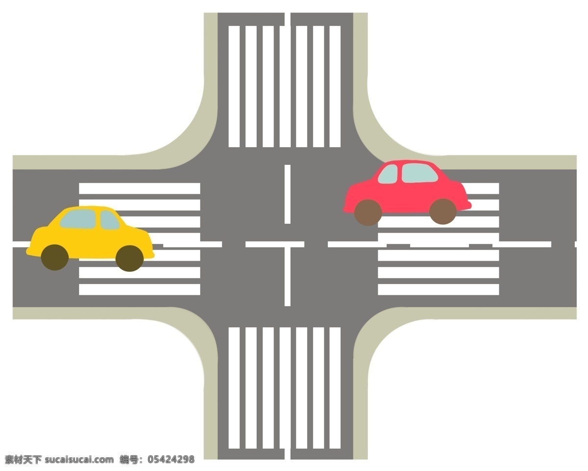 汽车 行驶 公路 插图 黄色汽车 红色汽车 十字路口 等待红绿灯 交叉路口 白色人行道 行驶的汽车 创意设计