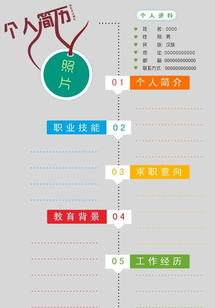 简历模板 平面设计 个人简历 表格式 蓝色经典 虚线造型 创意字设计 生活百科 办公用品