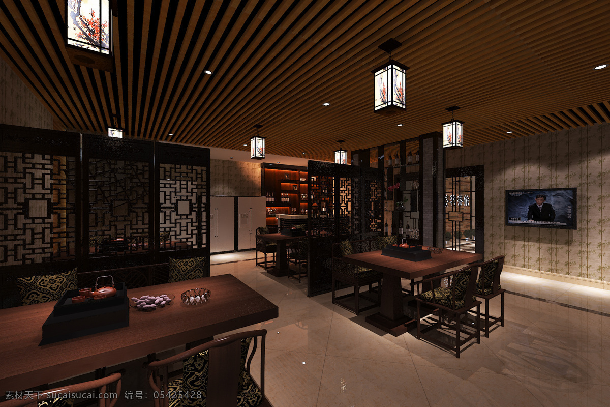 茶餐厅 大厅 效果图 中式 棋牌室 装修 室内设计 3d设计