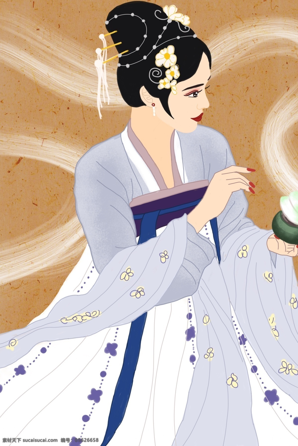 中国 传统文化 汉 服 服饰 古装 传统 文化 汉服 女子 香炉 手绘插画 分层