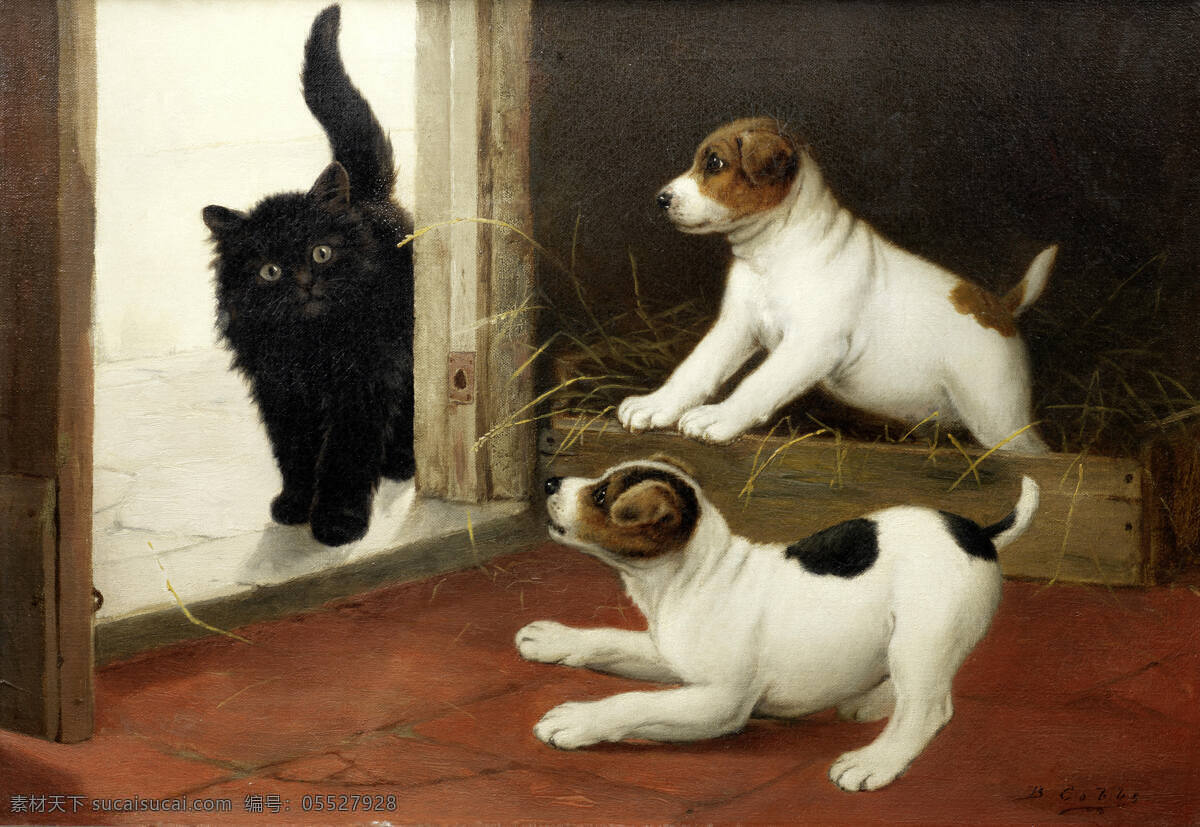 不速之客 狗宝宝 大黑猫 突然闯入 受惊 19世纪油画 油画 文化艺术 绘画书法 黑色