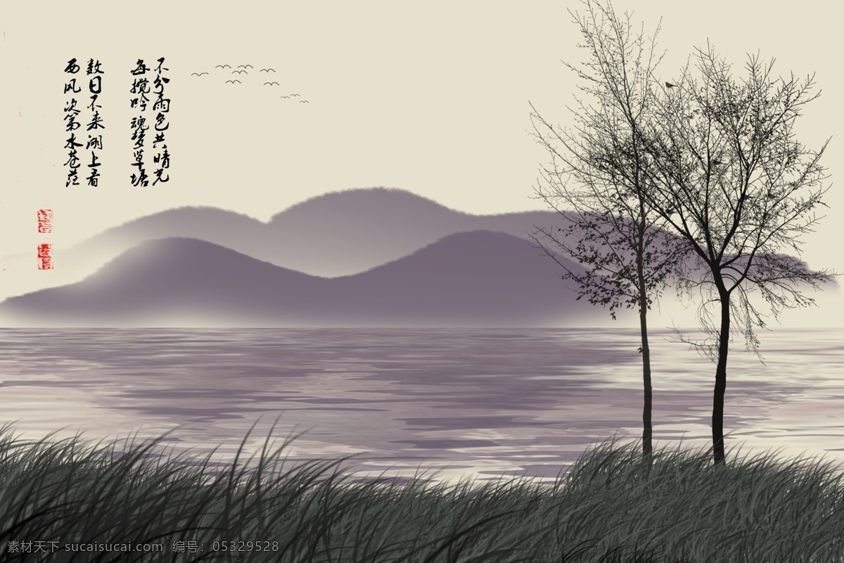 湖上 湖边 中国画 山水画 国画 装饰画 古诗 湖 背景墙 文化艺术 绘画书法