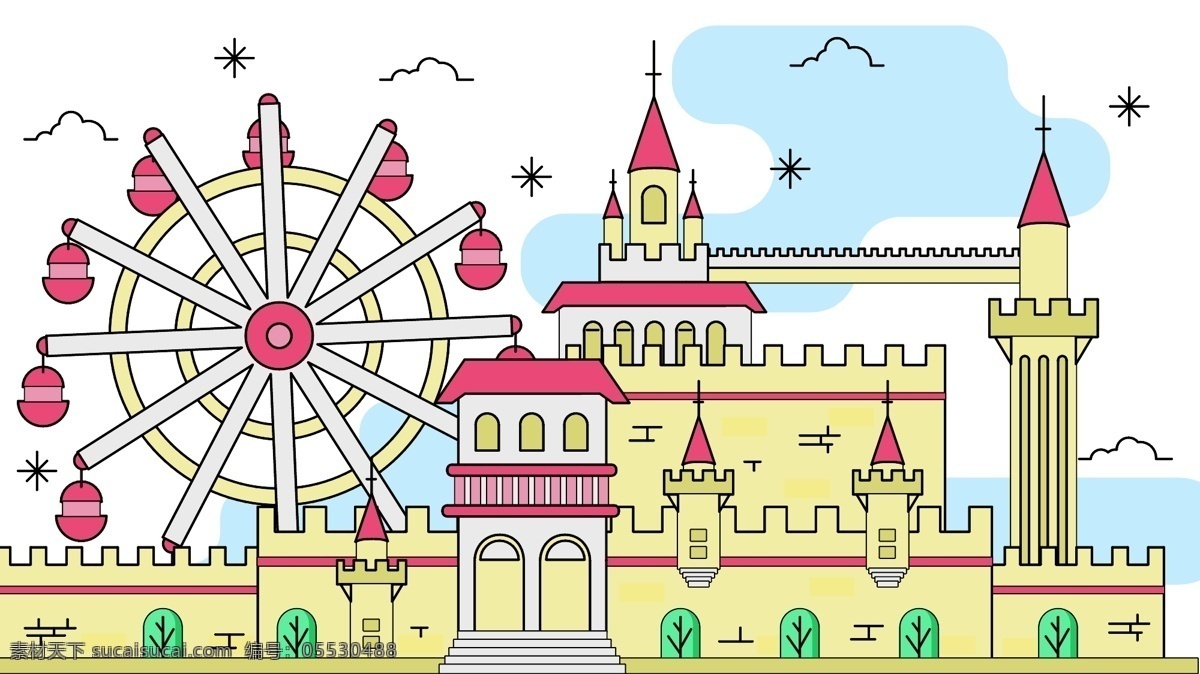 mbe 风 游乐场 城堡 建筑 商用 插画 公园 线性 闪屏 摩天轮 宫殿