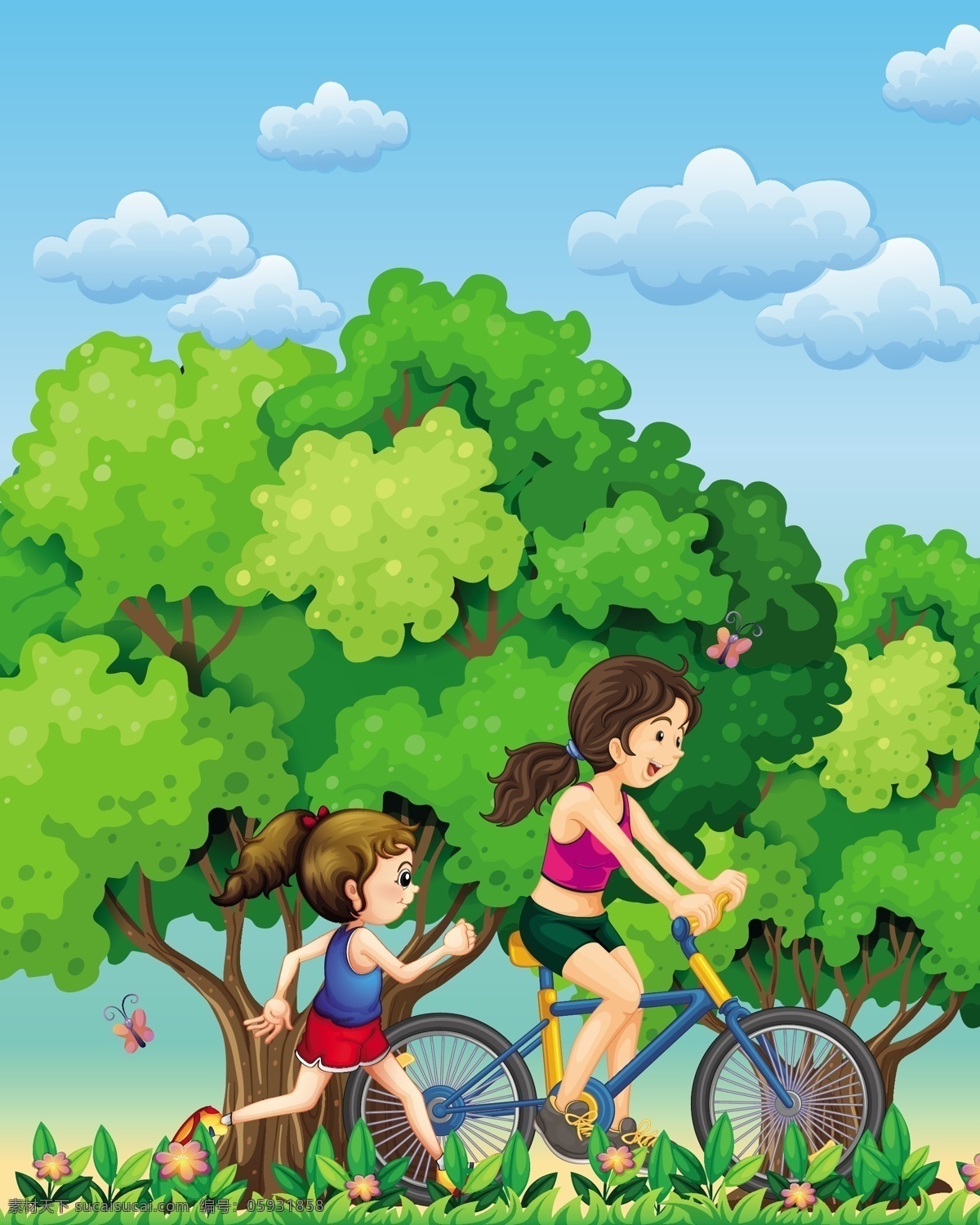 卡通儿童图片 卡通儿童 快乐儿童 插画 漫画 学生 儿童素材 幼儿园 人物 女孩 自行车 晨练 树 运动 蓝天 白云 卡通设计