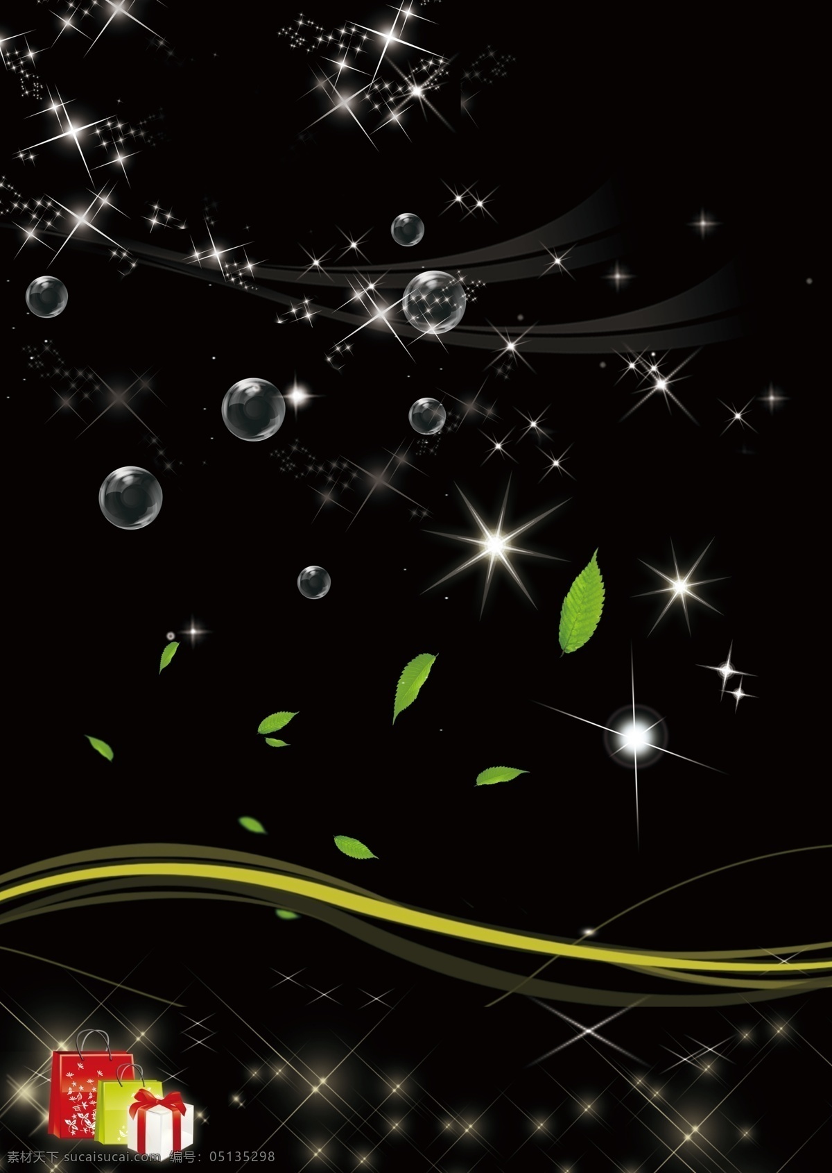 绿叶 气泡 黑色 背景 树叶 星星 星 光点 光 泡泡 水圈 分层
