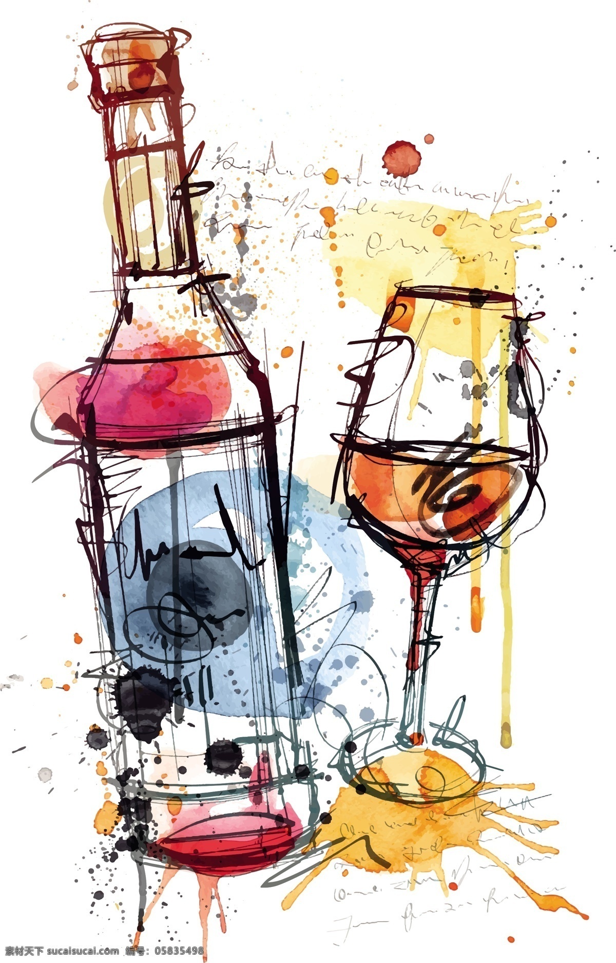 酒瓶 红酒 现代 个性 涂鸦 矢量 酒杯 彩色 手绘 创意