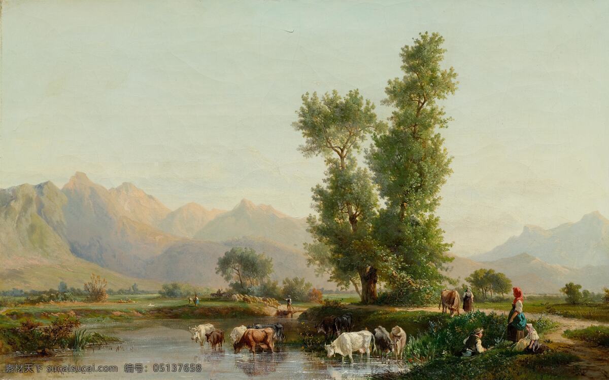 放牧 树林 小河 群山 村民 牧牛 19世纪油画 油画 文化艺术 绘画书法