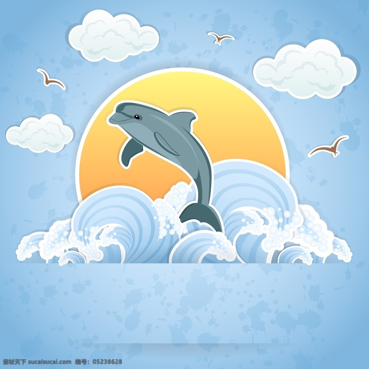 海浪 里 海豚 插画 白云 海洋生物 蓝天 太阳 跳跃