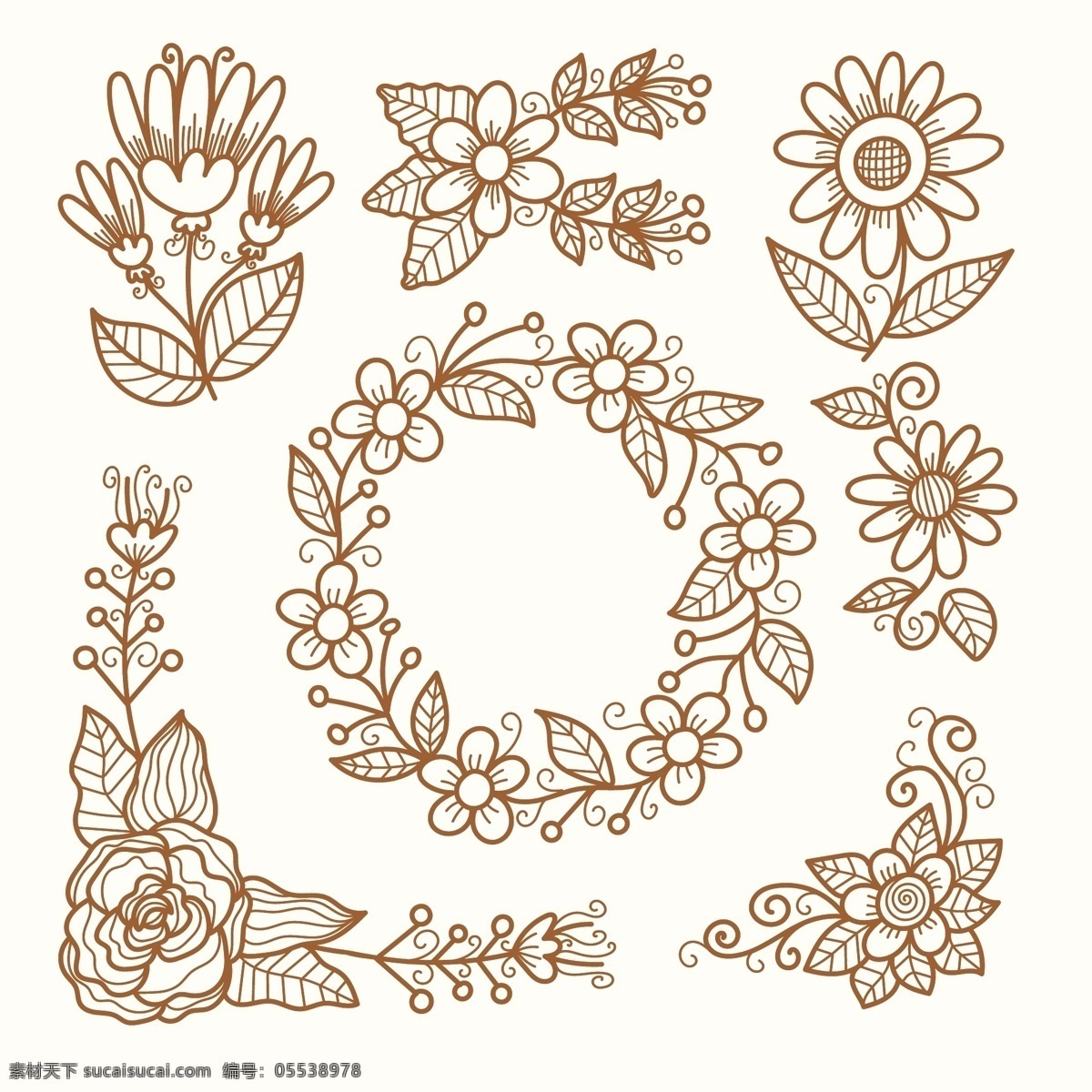 手绘 素描 风格 花卉 元素 线描 线条 花圈 自然 叶