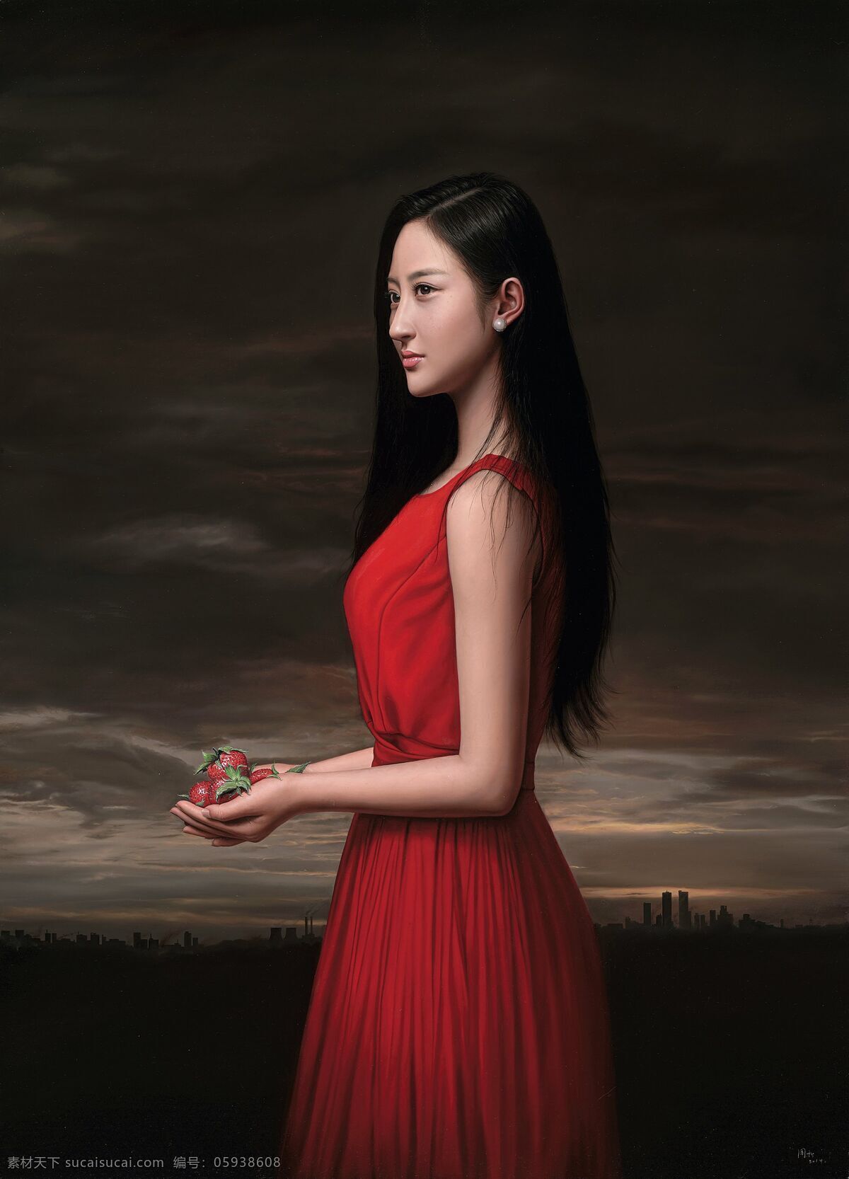 曙光 梦183 周松作品 年轻姑娘 红色连衣裙 站像 侧身 20世纪油画 油画 文化艺术 绘画书法