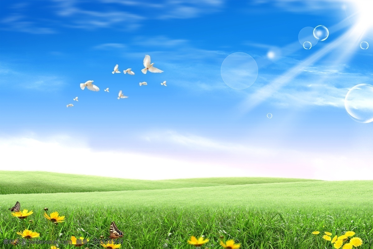 草地风景 飞鸽 蝴蝶 草地 鲜花 阳光 蓝天 白云 自然景观 自然风光