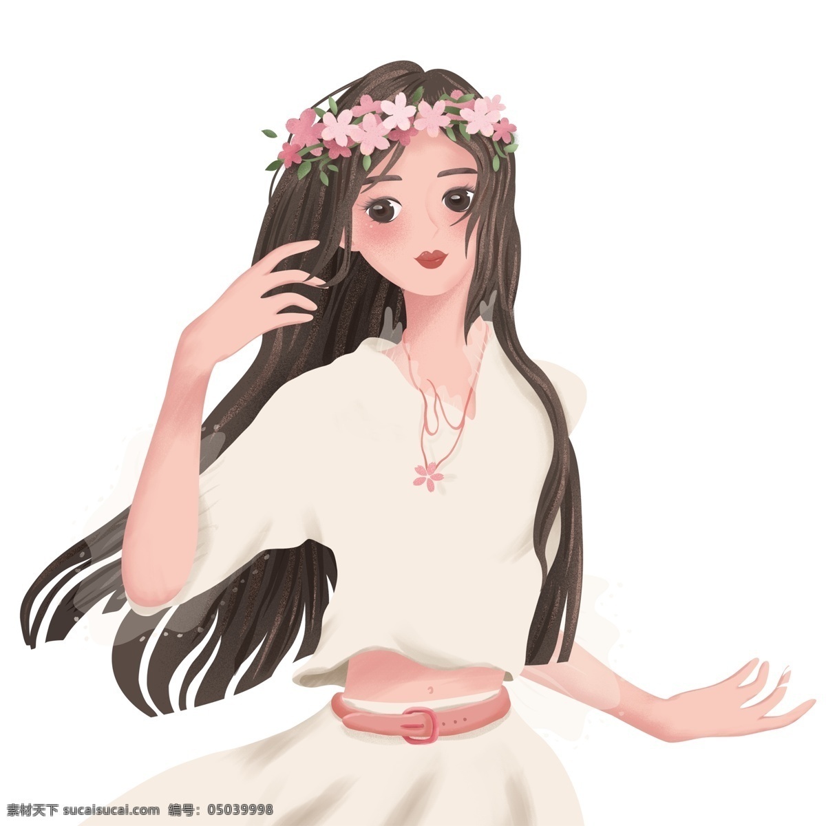 唯美 手绘 头 戴 樱花 花环 美女 少女 女生 清新女生 女神 人物