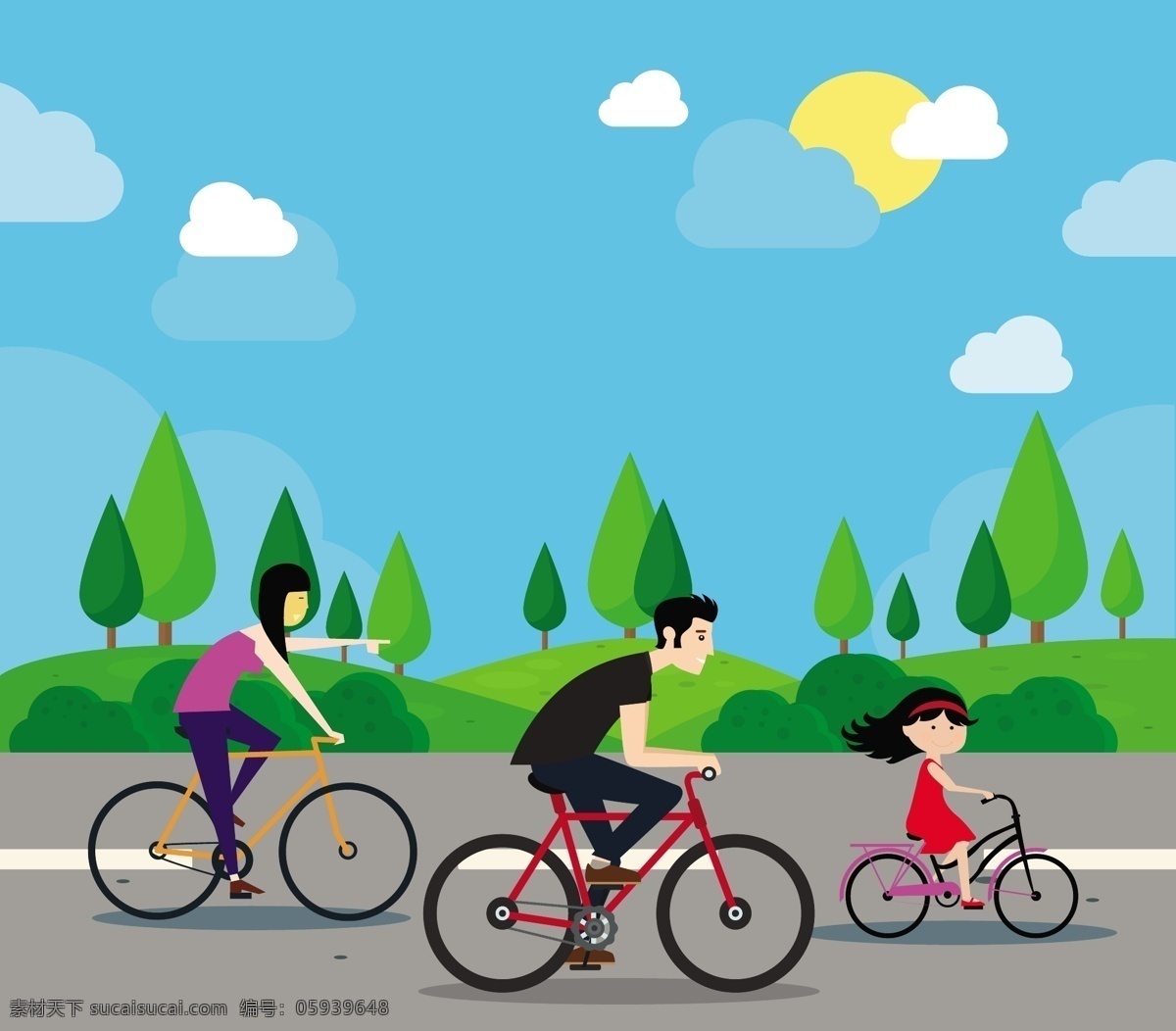 家庭 幸福 矢量 插图 骑 自行车 活动 免费 家庭幸福 骑自行车 户外 风景 绿色 矢量图