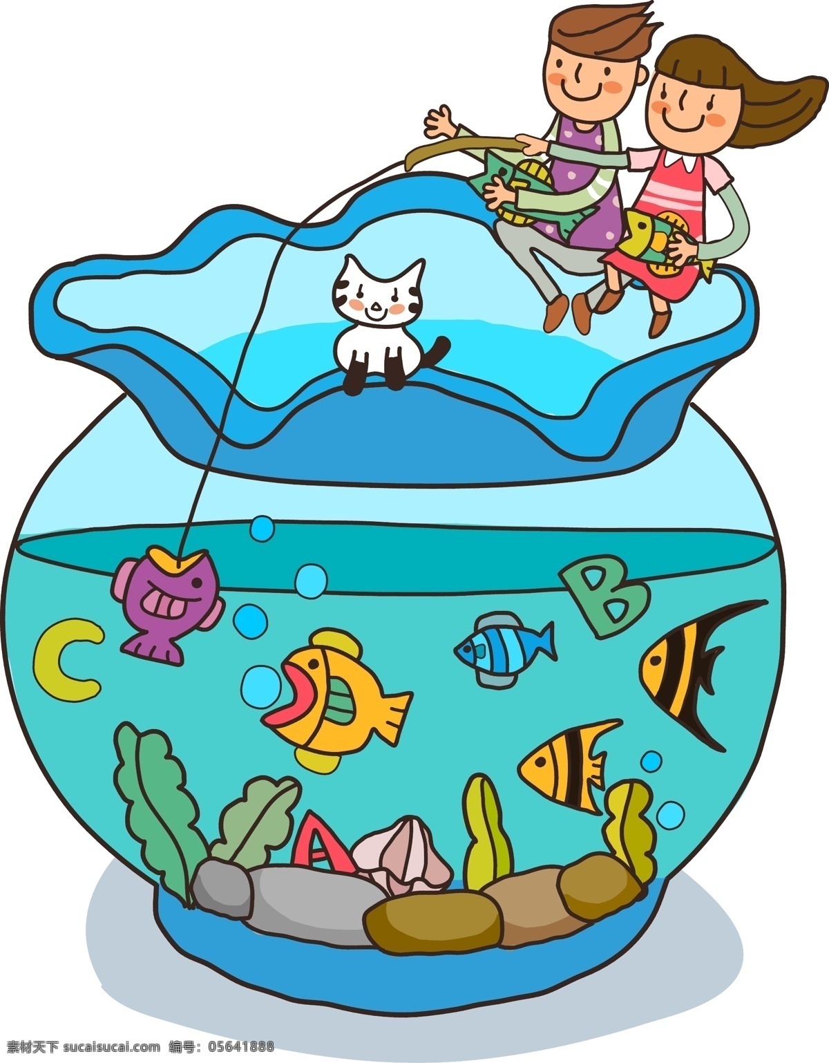 鱼缸里钓鱼 童话 插画 鱼儿 鱼缸 金鱼 孩子 白色