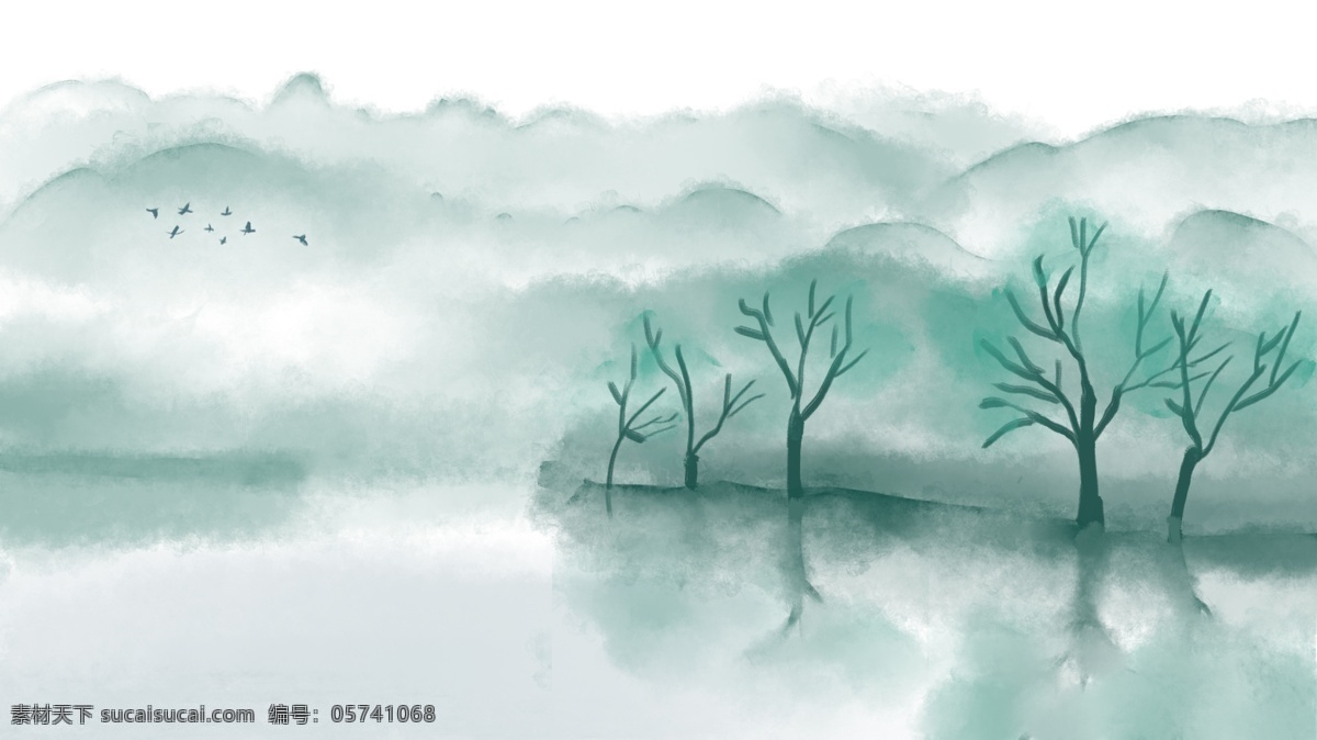 八月 你好 中 国风 意境 山水 原创 插画 中国风 配图 青山绿水 水墨