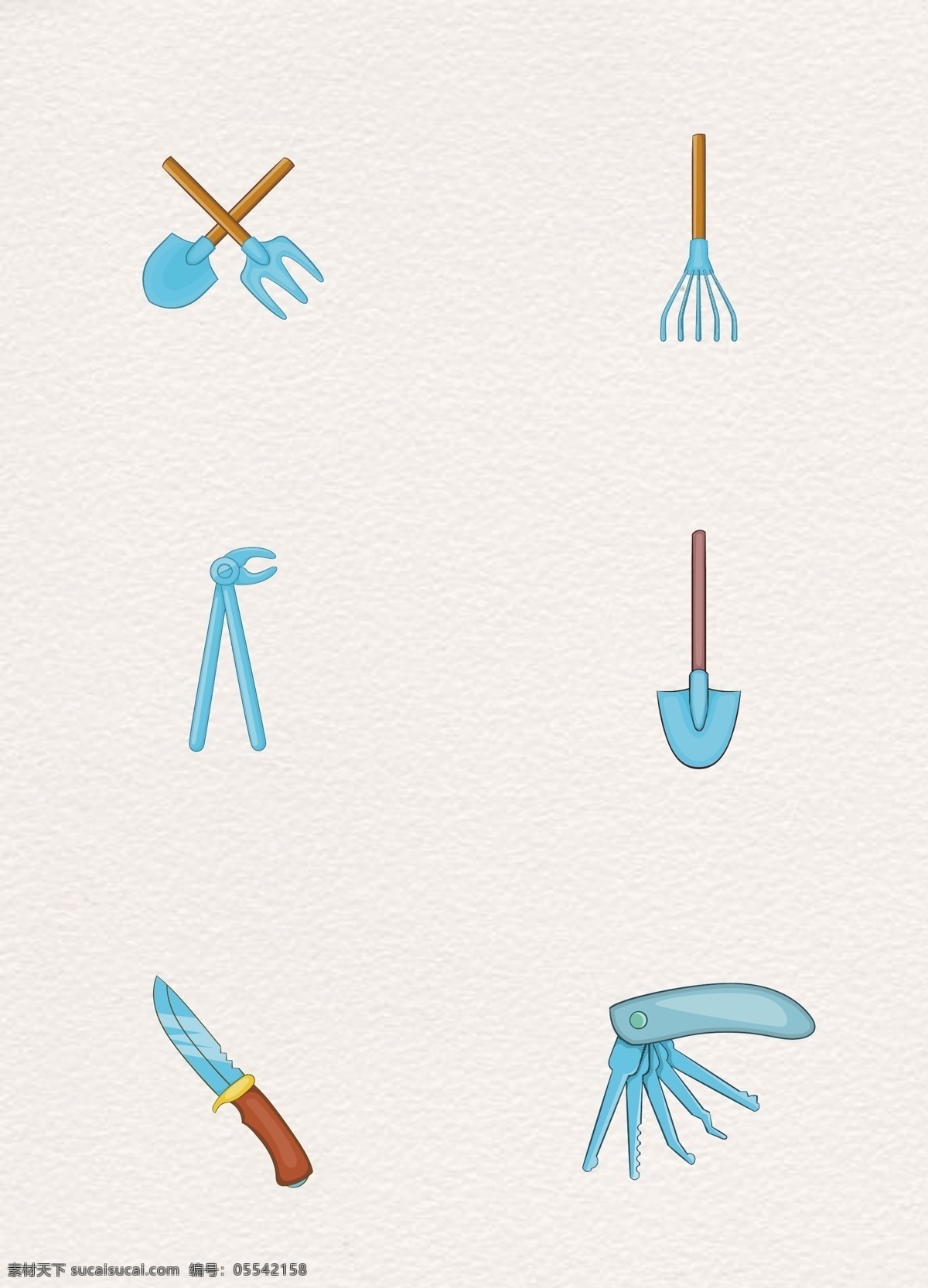蓝色 卡通 日常 工具 元素 铲子 钥匙扣 矢量图 手绘工具 耙子 小刀