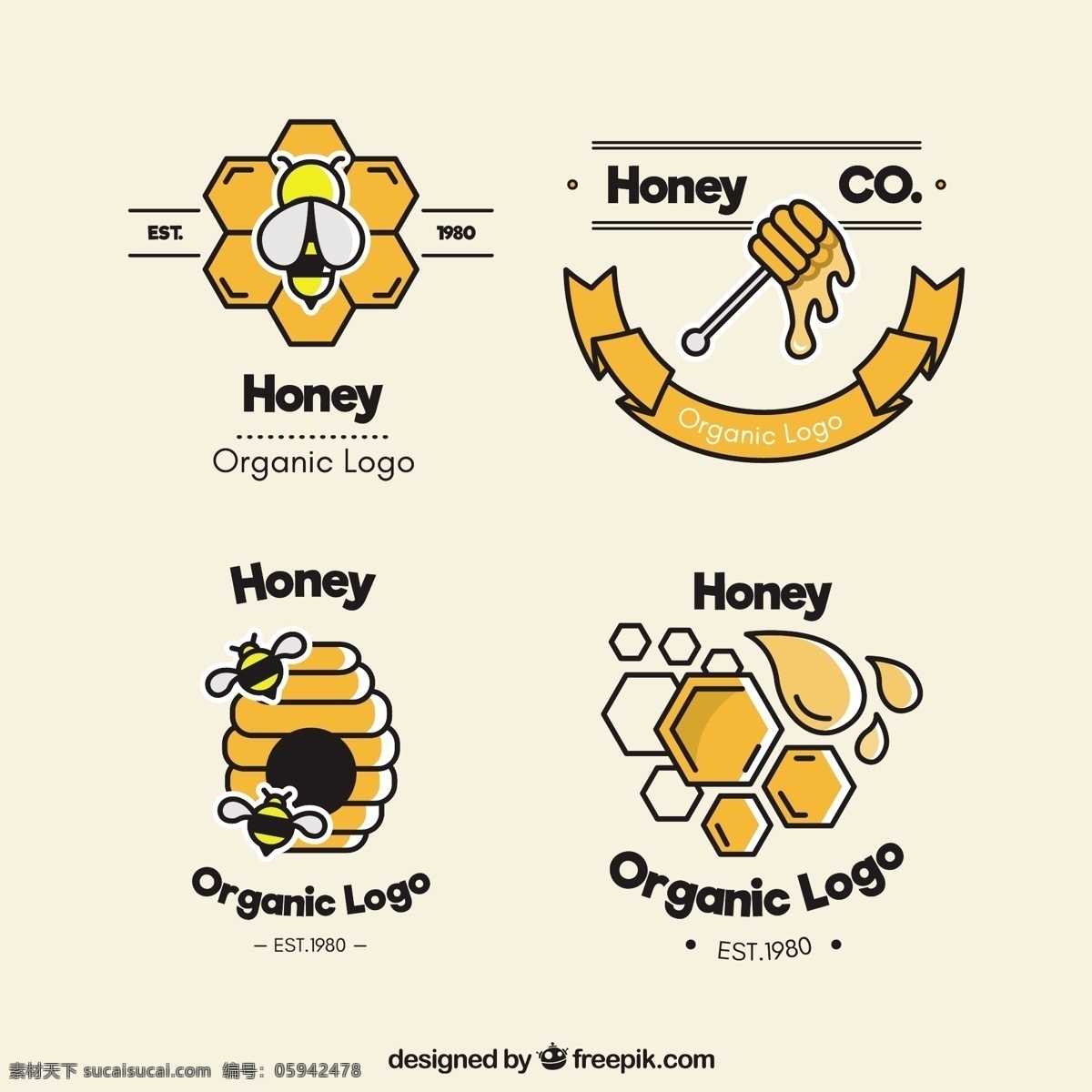 四个蜂蜜标志 扁平的风格 标志 商业 自然 动物 农场 单位 蜜蜂 蜂蜜 企业 有机的 甜的 公司 品牌 六角 企业身份 农民 符号 身份