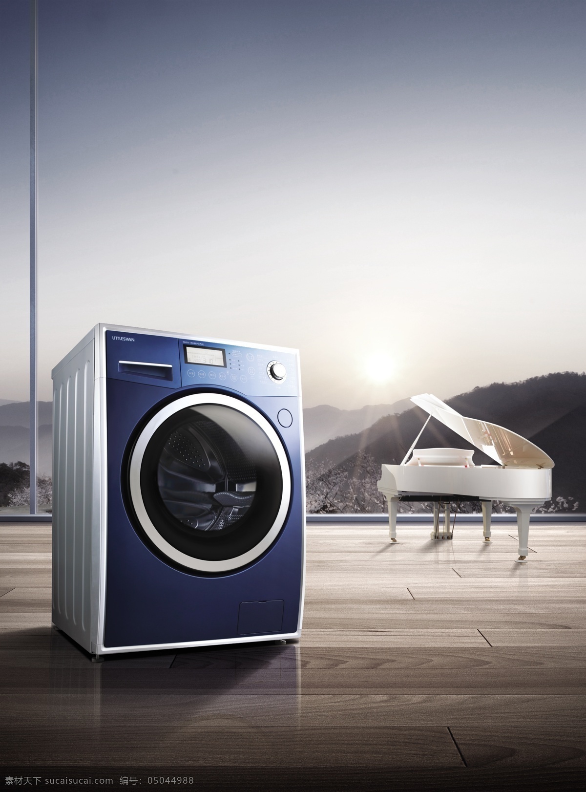 小天鹅 洗衣机 滚筒 海报 蓝色 钢琴 蓝天 平面设计 高端 大气 分层