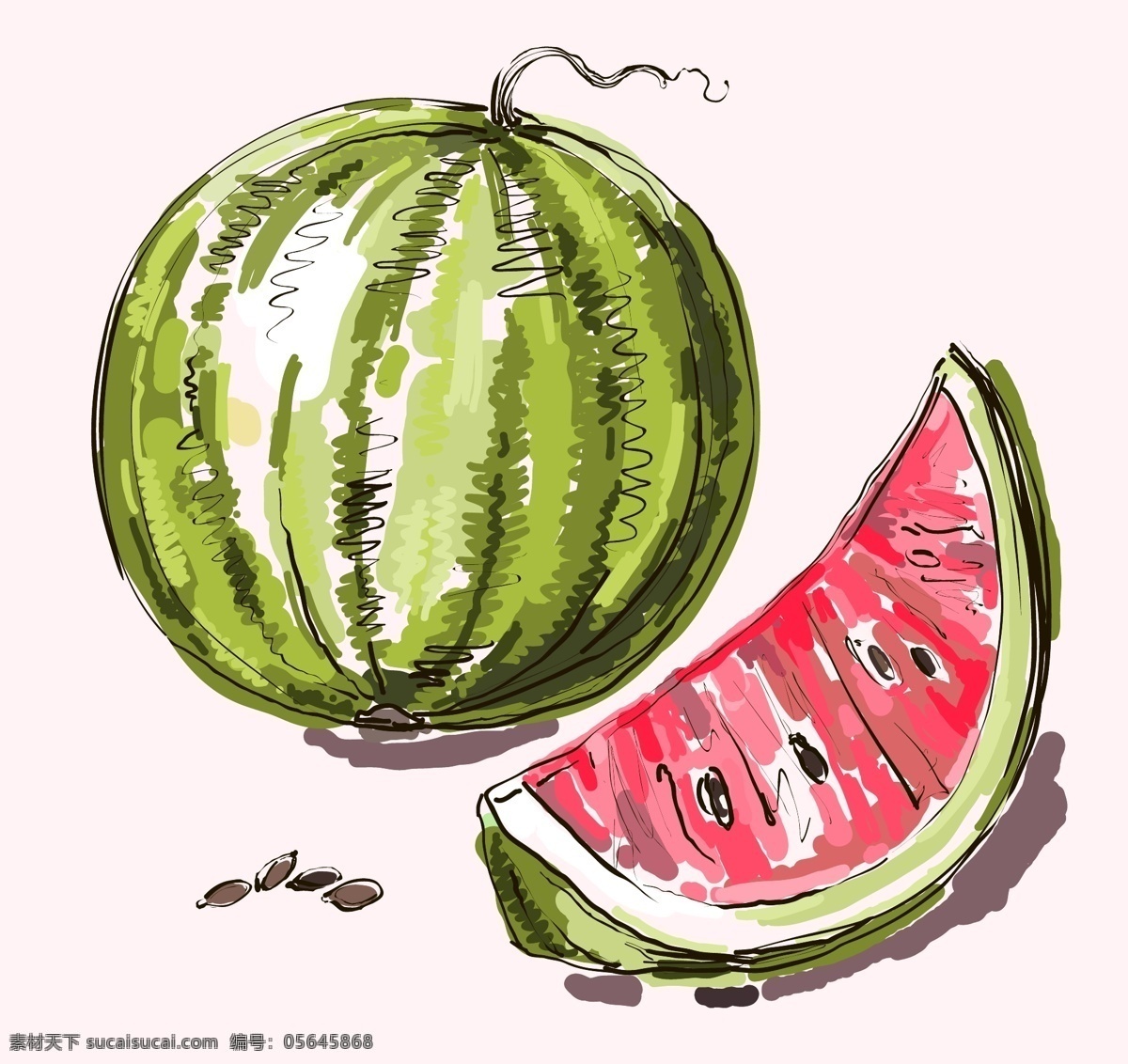 彩绘 美味 西瓜 西瓜子 水果 夏季 矢量图 矢量 高清图片