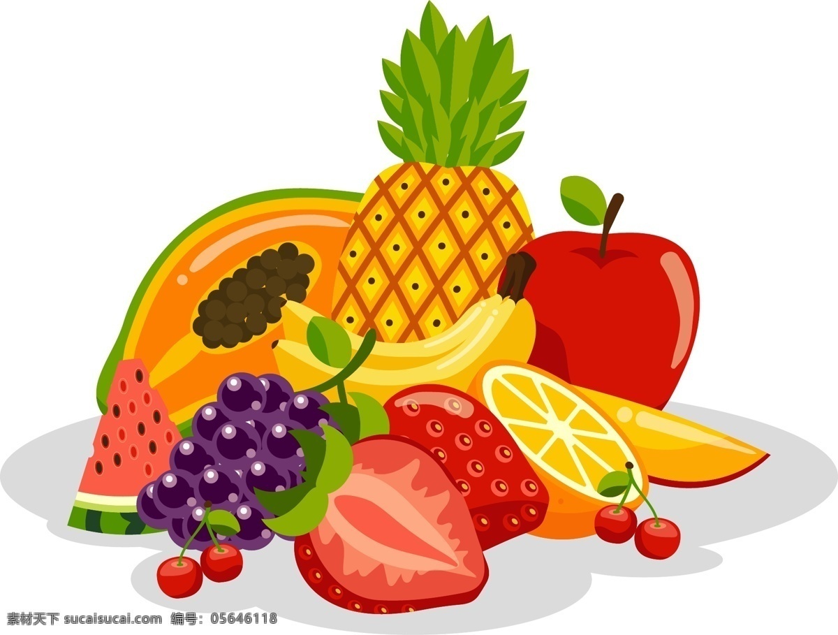 新鲜 彩色 水果 元素 色彩缤纷 营养 葡萄 草莓 菠萝 手绘 ai元素 免抠元素 透明元素