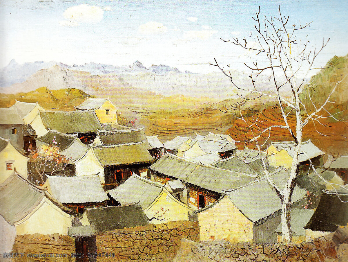 房屋 风景 绘画 绘画书法 美术 农家 山村 山岭 山乡人家 油画 村子 树木 天空 油画艺术 油画作品15 文化艺术 装饰素材