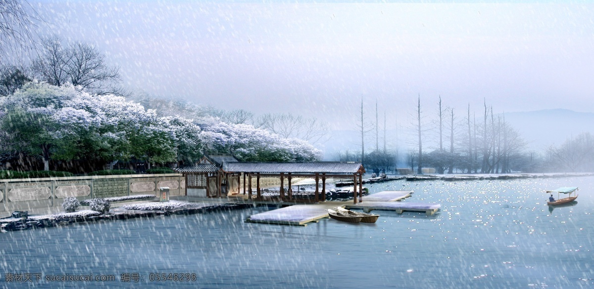 湖泊 雪景 环境设计 雪花 雪地 小船 人物 树木 房屋 建筑物 白灰色天空 景观设计 白色
