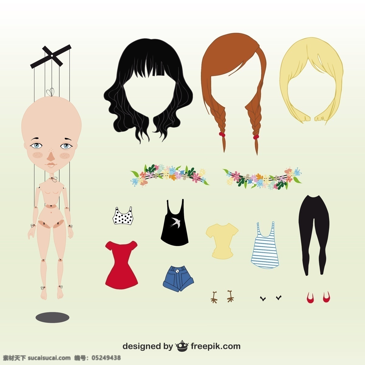 女子 提线木偶 配件 头发 衣服 服装 玩具 娃娃 女人 垂直 假发 木偶 图标 高清 源文件