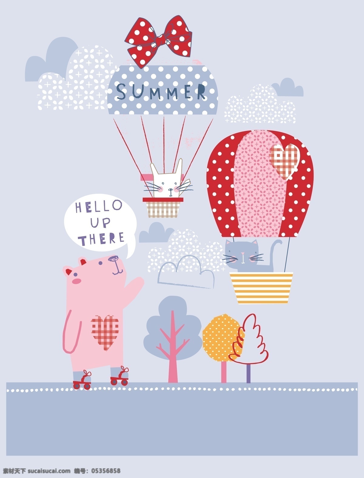 女 小童 q 版 动物 图案 女小童印花 q版动物 热气球图案 小蝴蝶结 矢量印花图案 白色